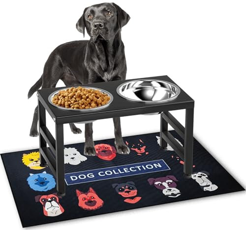 ADENGL Metal Raised Dog Bowl Stand for Dogs, Stronger Elevated Dog Bowls with Sprill Proof Mat, Dog Food & Water Bowls 25.4cm (1200ml-Stainless Steel Bowls, Mat-40 * 60cm)