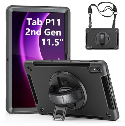 Gerutek Cover per Lenovo Tab P11 2nd Gen 11.5 Pollici 2023, Nero | Custodia Robusta Antiurto con Supporto Girevole a 360°, Cinghia per Mano/Spalla, Portapenne