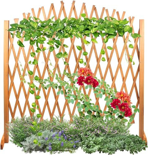 Expanding Freestanding Wooden Trellis Fence Solid Wooden Movable Fence Wooden Decorative Lattice Screen Trellis, 105x180cm, Brown