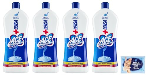 4x Ace Candeggina Più +Denso Fresco Profumo - igienizza superfici e bucato in profondità - Bottiglia Squeeze 1Lt + 1 Confezione di Talco Felce Azzurra in omaggio, Busta da 100g