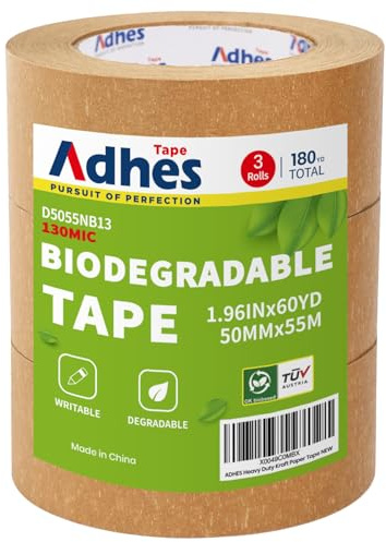 ADHES Kraft Paper Tape, 2 Inch x 60 Yards x 3 Rolls, Biodegradable Paper Packing Tape Writable & Uncoated Brown Shipping Tape for Shipping, Moving, Sealing…