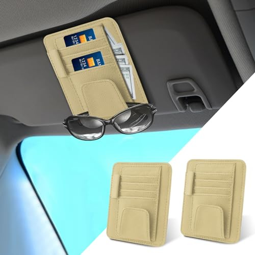 PACLVIO Kleiner Leder-Sonnenblenden-Organizer, Autotaschen-Halter, multifunktionaler Auto-Visier-Dokumentenhalter mit Sonnenbrillen-Clip, Auto-Kartenhülle für Karten, Führerschein, Stift (Beige, 2