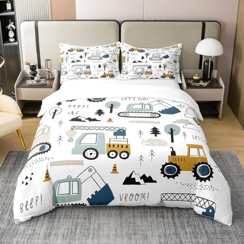 Loussiesd Auto Kinder Bettwäsche Set 155x220cm 100% Baumwolle BAU Karikatur Bagger Kran Zugmaschine Dekor Jugendliche LKW Traktor Bettbezug Weiß Gelb Mädchen Jugend