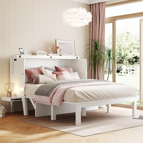 Jintop Queen Size Murphy Bed Chest,Cabinet Hideaway Bed with USB Port and Removable Shelves on Each Side,Wood Wall can be Folded,Platform Bedframe for Kids Bedroom,Student Dorms,White