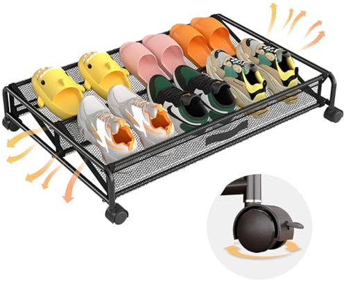 AXLORP Almacenamiento de zapatos debajo de la cama con ruedas, 1 paquete organizador de zapatos debajo de la cama con paño de metal y malla, contenedores de almacenamiento rodantes debajo de la cama,