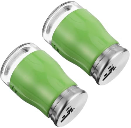 OKUMEYR Glass Salt and Spice Shakers with Stainless Steel Lids, 2pcs Kitchen Seasoning Jars Set, Sealed Glass Containers for Salt, Sugar, and Pepper Storage, Green Cap