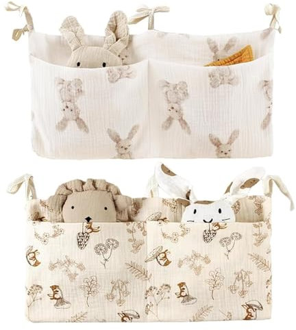 2 Stück Babybett Organizer, Organizer Beistellbett Musselin, Hängend Kinderzimmer Organizer, Babybett Aufbewahrungstasche, Hängender Bett Organizer zum Aufhängen für Windeln, Spielzeug, Kleidung