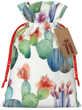 Sacs cadeaux de Noël avec cordon de serrage motif cactus aquarelle – Noël, anniversaire, fête, sacs à friandises M