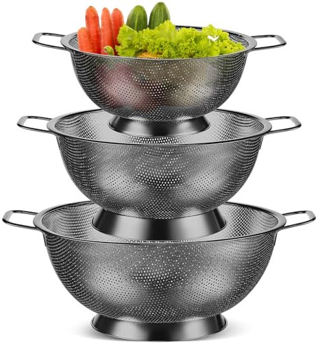 Bokon 3 Pcs Stainless Steel Colander Set Colander Bowl and Sieves 1/3/5 Quart Metal Mesh Strainer Net Basket with Handles Food Spaghetti Strainer for Kitchen Draining Pasta Rinsing(Black)