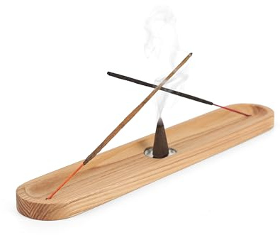 Rökelsehållare i trä för pinnar och kon – modern trähållare med två pinnar med plats för konbränning, rökelsebrännare, söt hem- och rumsdekor för meditation (beige)