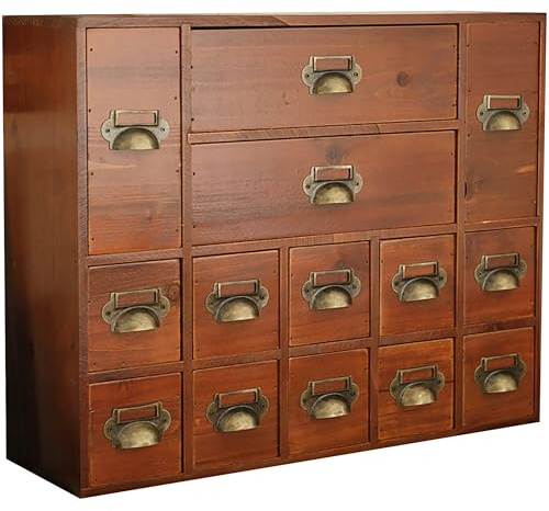 14-Drawer Apothecary Cabinet - Index Card Organizer - Miniature Chest of Drawers - Brass Handle Organizer - Kids' Arts and Crafts Storage - Wooden Desktop Drawer Organizer