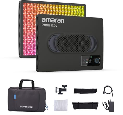 amaran Pano 120c Kit 120W RGBWW Full-Color Panel Light, jusqu'à 13,490 Lux @ 1m, USB-C PD & 150W DC Powered, Includes Softbox, Grid, Diffuser, Carry Case for Photography & Video - Anthracite