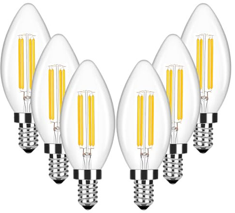 ITALASA E14 LED Blanc Chaud 2700K, remplace les ampoules à incandescence classiques de 40W, lampe de 4W en forme de bougie, filament en verre, pack avantageux avec 6 ampoules
