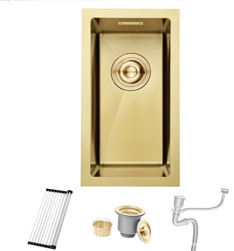 Bokaiya Gold Bar Sink, Undermount 25 x 45 cm Bar Prep 16 Gauge Stainless Steel Single Bowl Kitchen Sink, Small Rv Single Bowl with Overflow, Roll-up Rack and Siphon