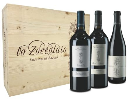 Lo Zoccolaio Barbera D'Alba+Langhe Rosso+Barolo Vino Tinto Italiano en Estuche de Madera - 3 Botellas X 750ml (Paquete de 6)