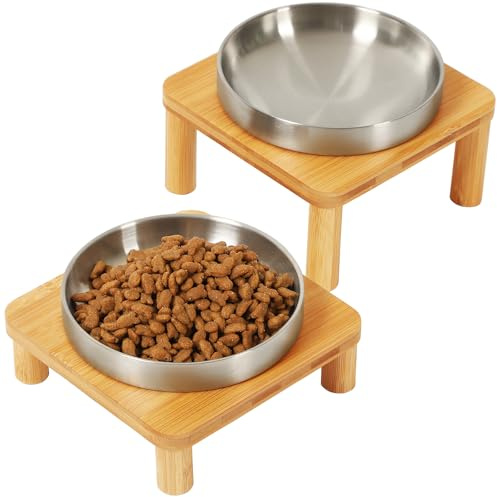 DoogCat Erhöhte Katzennäpfe für Indoor-Katzen – Erhöhter Bambus-Katzennapfständer mit 14 cm breitem Edelstahlgeschirr, Tischplatte für einfaches Füttern, Schnurrhaarfreundlich (Silber, 2 Stück)