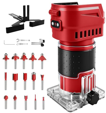 Gpaentsn Cordless Router Compatible With Milwaukee M18 Battery, 6-Speed, 30,000 RPM, 850W Brushless Handheld Palm Routers Woodworking Hand Edge Trimmer with 15 PCS 1/4 Router Bits Set (No Battery)