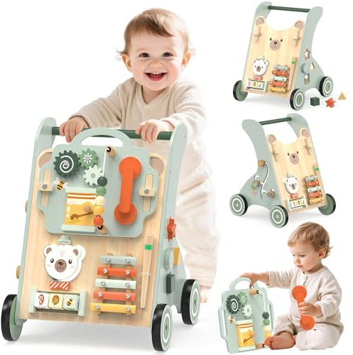 WOODMAM Wooden Baby Walker, Adjustable Speed Baby Push Walker for 1 Year Old, 10-in-1 Montessori Walker for Boys & Girls, Toddler Sit-to-Stand Learning Toy with Detachable Busy Board