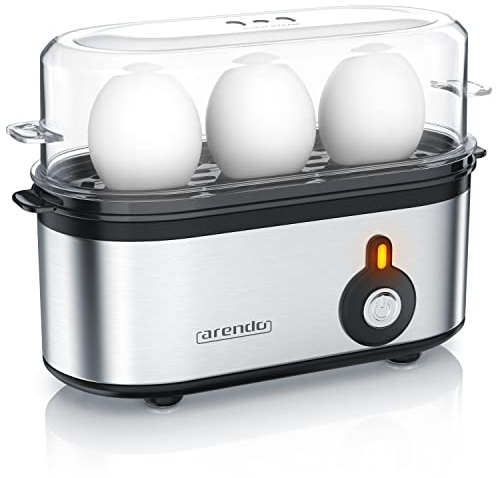 arendo - Electric Egg Boiler, Automatic Cooker with Warming Function for 1 to 3 Perfect Soft,medium and Hard Eggs, Indication Light, Water Measuring Cup and Egg Piercer, Stainless Steel