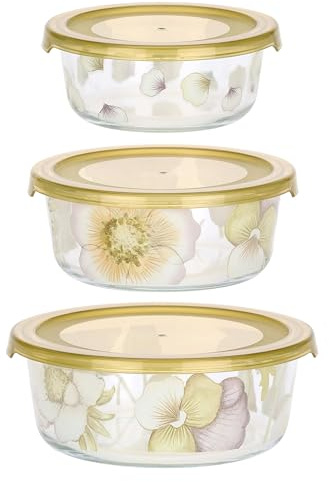 THUN - Set 3 contenitori ermetici - vetro - Collezione Country Bloom - 17,2 x 6,5cm 800ML - 15 x 6cm 500ML - 13 x 5,2 300ML