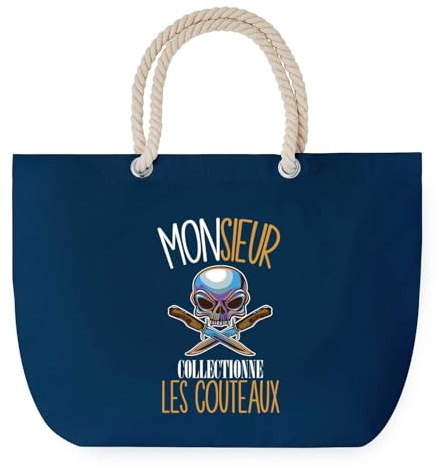 Sac de Plage Bleu avec Anse Corde J'peux Pas Collection Couteaux – Toile de Coton – Grand Sac de Transport, Sport, Courses & Travail – Idée Cadeau Original Collègue, Anniversaire ou Départ Retraite