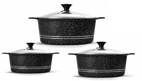 GRACE KITCHEN Cookware - 3Pc Die Cast Aluminium Non Stick Casserole Pots with Lids – Induction Stockpot Set for All Hobs – Tempered Glass Lids with Steam Vent