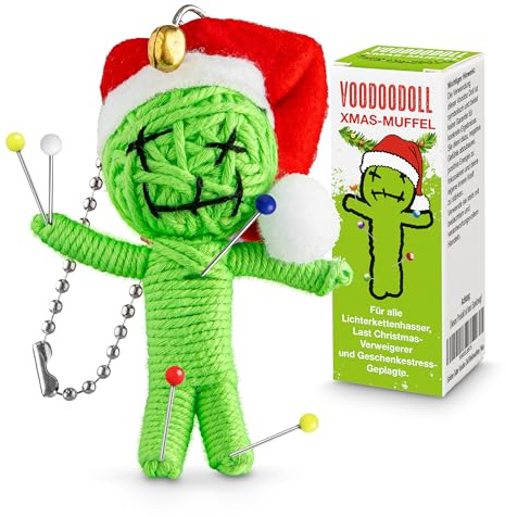 Voodoo Puppe Weihnachten Weihnachtsmuffel Anti Stress Geschenk zu Nikolaus Xmas Geschenk für Kollegen Adventskalender Füllung Voodoo Puppe mit Weihnachtsmütze Glöckchen 5 Nadeln im Sammelkarton