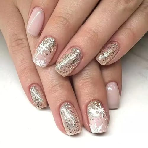 Xonojun 24 Pcs Faux Ongles Court Carré Noël, Press-on Nails Glitter et French Manicure Noël Doré, Faux Ongles Festifs Flocons de Neige Femme Enfant, Cadeau Beauté Festif