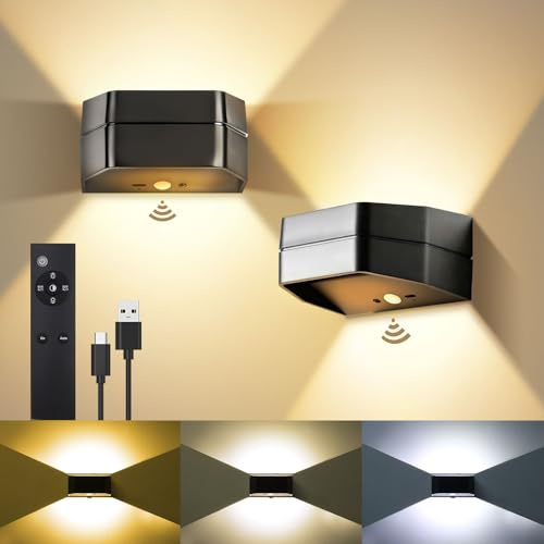 ECOWHO Rechargeable Motion Sensor Wall Lights with Remote, 3 Colors and Dimming Stick On Up/Down Indoor LED Wall Sconce, 4800mAh Battery Wall Lamp Wireless for Bedroom Living Room Hallway, 2 Pack