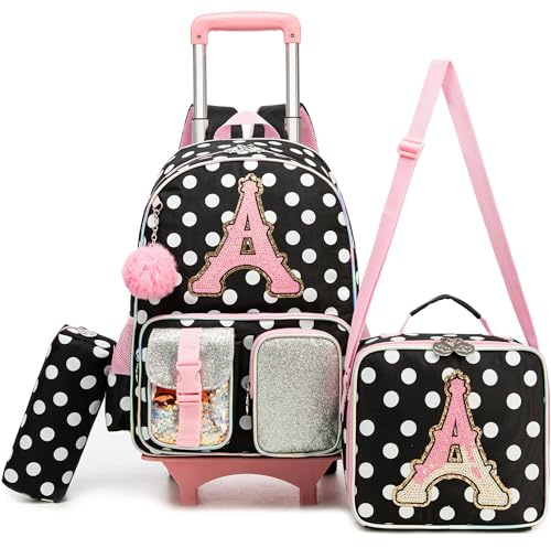 HTgroce Cartable à Roulettes Fille Set 3 Pièces (Lettre A) – Sac à Dos Scolaire Primaire (CP, CE1, CE2, CM1) avec Sac à Goûter & Trousse – Cartable Trolley Ergonomique pour Rentrée