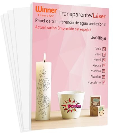 WinnerTransfer-Papel de calcomanía de agua láser transparente | (A4 x 10 hojas) Papel de transferencia de agua para modelos de juguetes, taza, cerámica, vidrio, plástico...