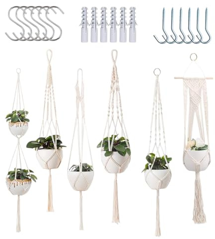 Växthängare i makramé – set med 6 dekorativa blomhållare för inomhusbruk, perfekt för dekor på balkong och uteplats