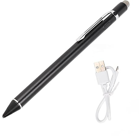 Penna stilo attiva, stilo capacitivo per touch screen, punta fine 1-2 mm, in lega di alluminio, con ricarica USB, per iPhone, Android, tablet e smartphone (nero)