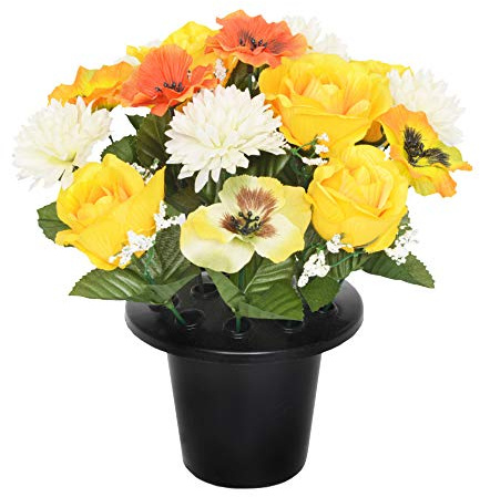 Everyday Floral ARTIFICIAL YELLOW PANSY CHRYSANTHEMUM & ROSE GRAVE POT WITH 16 FLOWERS - VASE INSERT MEMORIAL