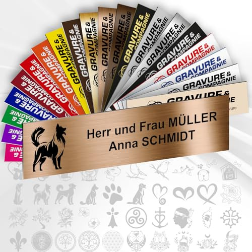 Briefkastenschild – Dekoratives PVC Namensschild mit Gravur (Name, Logo oder Motiv) – personalisierbar 1 bis 3 Zeilen – selbstklebend – 10 x 2,5 cm (Metallisch Antikgold + Design)