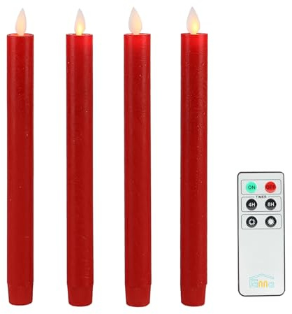Fanna Set di 4 Candele Led Fiamma Oscillante, Candele Rosse Coniche con Telecomando e Batterieper Natale e Matrimonio, H 24 cm