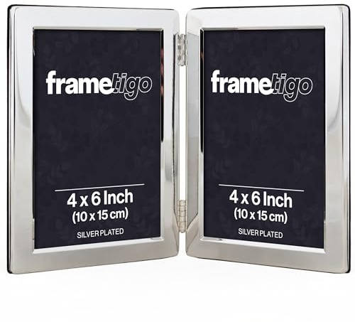 Frametigo - Silver Plated Flat Edge Double Photo Frame, 4x6 (10x15cm) Photo Size - Portrait Orientation - Real Glass Window - Traditional Silver Picture Frames - Tarnish Resistant