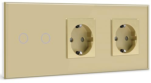 BSEED Interruptor con Enchufe Doble,2 Gang 1 Vía interruptor luz pared con Enchufe de pared,Oro Interruptor tactil de Luz pared con indicador LED,enchufes de extensión con panel de vidrio templado
