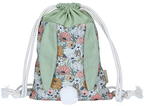 Papierdrachen Hasen Rucksack Blumen & Grün - Turnbeutel aus Baumwolle/Canvas mit langen Hasenohren - Geschenk zu Ostern - Umhängetasche für Mädchen und Jungen