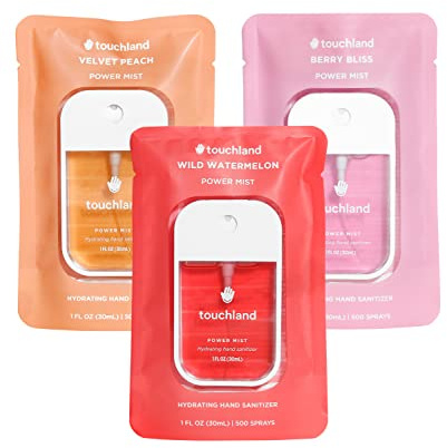 Touchland Hydrating Hand Sanitizer Spray – Juicy Trio Set (Wild Watermelon, Velvet Peach, Berry Bliss) – 3 x 1 FL OZ Travel Size Mists