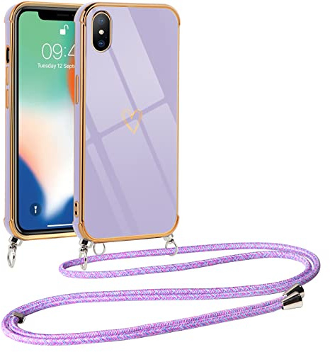 Vauki handyband Hülle für iPhone XS/X mit Band, mit Liebesmuster TPU Handyhülle Ultra dünn Stoßfeste, Galvanik Silikon Case Bumper mit Kordel zum Umhängen für iPhone XS 5.8, Lila