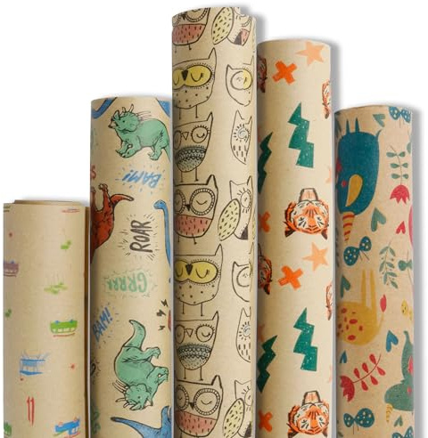 BIOZOYG 5 Rollen Geschenkpapier Kinder 2x0,7 m Kids - Geschenkpapierrolle aus Recyclingpapier nachhaltige Forstwirtschaft - Dino-Geschenkpapier Kraftpapier
