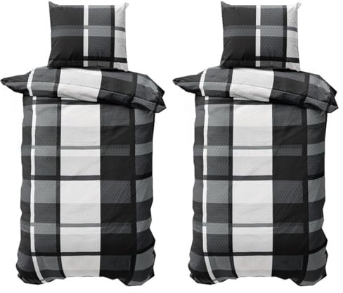 Leonado Vicenti 4 teilige Microfaser Bettwäsche 135x200 cm Bettbezug Bettwaren Schwarz Grau Weiss Karo Gestreift