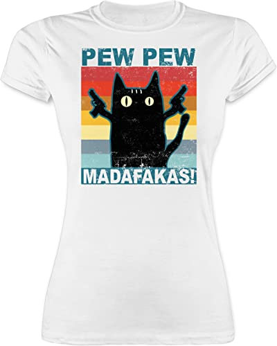 Shirt Damen - Sprüche Statement - Pew Pew Madafakas pewpewpew - M - Weiß - katzenshirt Funshirts mit Aufschrift cat für Frauen Katzen-t-Shirt Statements-Shirts Statements Cats Tshirt