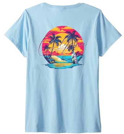 Damen California Beach, Surfer Surfbrett Retro Backprint T-Shirt mit V-Ausschnitt