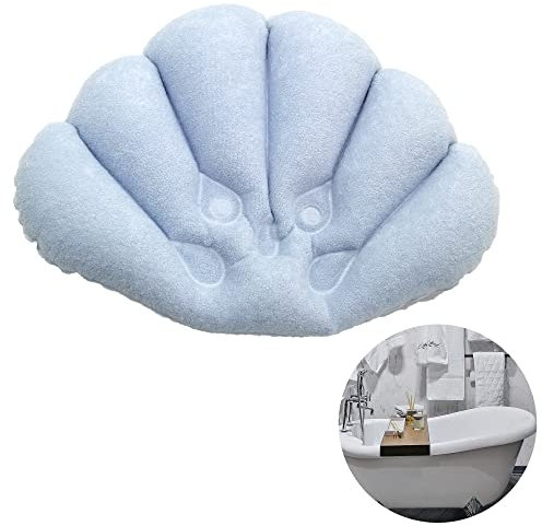 Aufblasbares Badewannenkissen Wannenkissen Kopfstütze Badezimmerkissen Weich Badewanne Nackenstütze mit Saugnäpfen Frottee und PVC Muschel Form Entspannung Für Zuhause Hotel Spa 40 * 30cm (Blau)