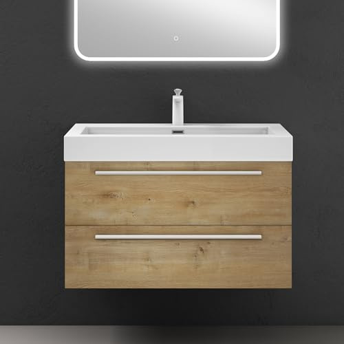 doporro Badmöbel-Set Waschbeckenunterschrank in Kerneiche 90x48x60cm | Wandhängendes Badmöbel-Set mit Mineralguss-Waschbecken, Soft-Close-Schubladen – pflegeleicht für moderne Bäder Quadratto