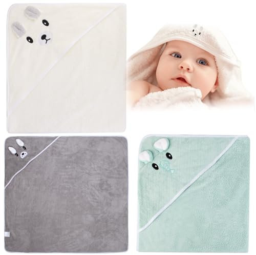 Leikurvo 3 asciugamani con cappuccio, asciugamano per neonati: 80 x 80 cm, asciugamano da bagno per bambini, con cappuccio, morbido, unisex, per neonati (grigio, verde chiaro, crema)
