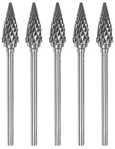 sourcing map 5pcs Carbide Rotary Burrs 3/32 (2.35mm) Shank 1/4 (6mm) Head Double Cut 60 Degree Cone M Shape Die Grinder Bits Rasp Files for Metal Wood Plastic Polishing Engraving