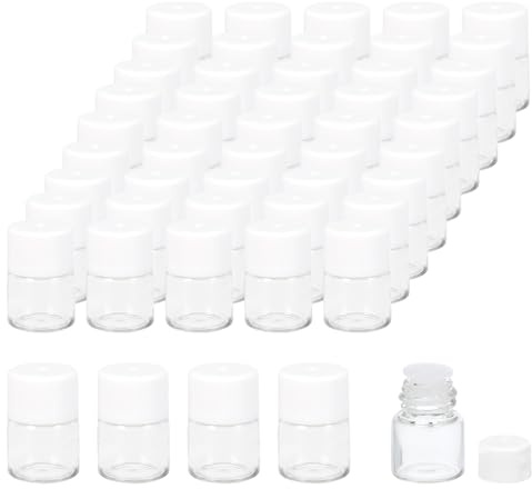 PATIKIL 1 ml flaskor för eteriska oljor, 50-pack genomskinliga glasflaskor med öppningsreducerare, provflaska, skruvlock, förvaring, flaskor, behållare, stil 3, vit